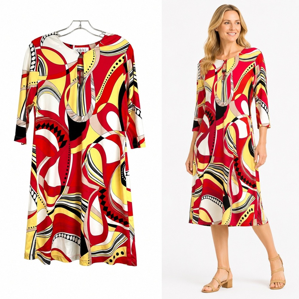 Nikki Poulos Dress Womens Medium Red Yellow Abstract Geometric 3/4 Sleeve Shift